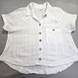 Aeropostale Women’s White Plaid Short Roll Tab Sleeve Button Up Size S Raw Hem